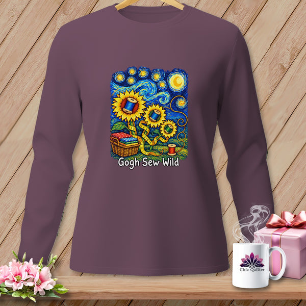 Long-sleeve shirt with a Van Gogh-inspired sunflower and sewing motif.