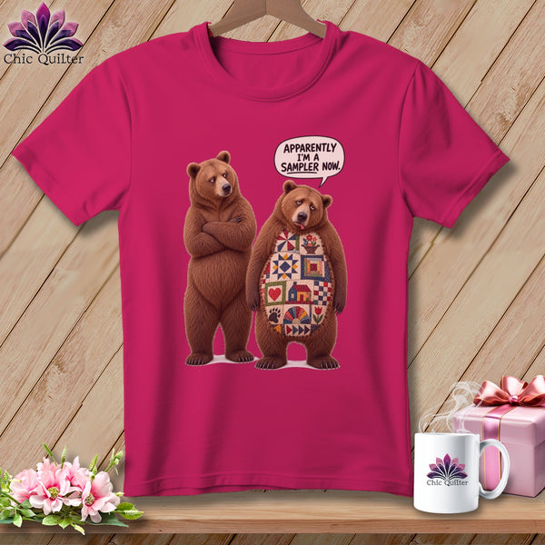 T-shirt with two bears, one is quilted, with text "Apparently I'm a sampler now."
