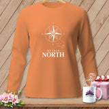 Orange long sleeve shirt with compass graphic and 