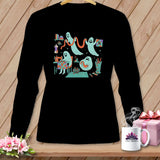 Black long-sleeve shirt with ghosts sewing and crafting on the front.