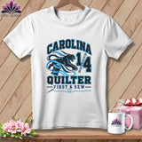 A white short-sleeve t-shirt with a blue and black Carolina Quilter graphic printed on the front.