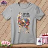 Gray t-shirt with llama covered in patchwork, text 