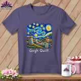 T-shirt with Starry Night inspired art featuring a spool of thread, house, and quilt.