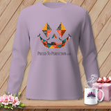 Lavender long-sleeve shirt with a patchwork jack-o'-lantern face and text.
