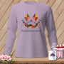 Lavender long-sleeve shirt with a patchwork jack-o'-lantern face and text.