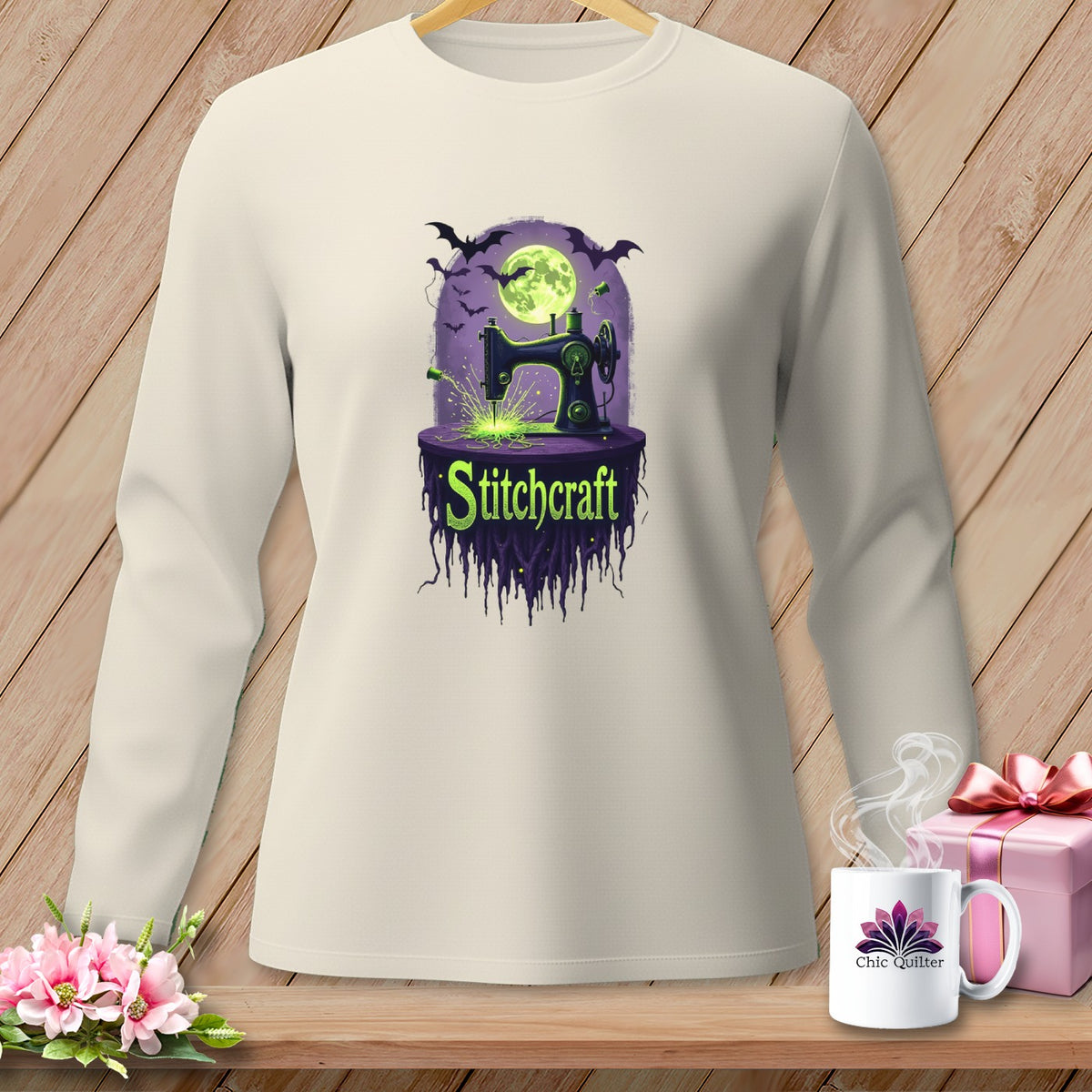 Cream long-sleeve shirt with "Stitchcraft" text and Halloween sewing machine graphic.