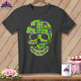 Dark gray t-shirt with a quilted skull graphic that says 