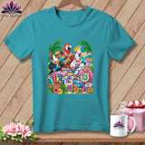 Teal t-shirt featuring a graphic of tropical birds playing instruments near quilts on a beach.