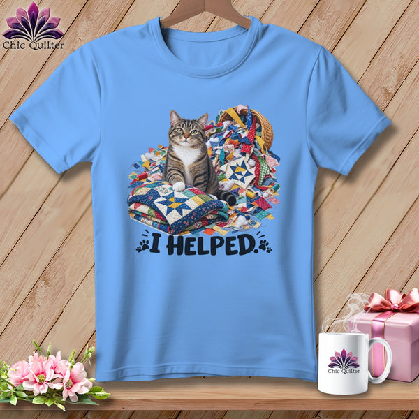 Blue t-shirt with a tabby cat sitting on quilts with "I HELPED." text.