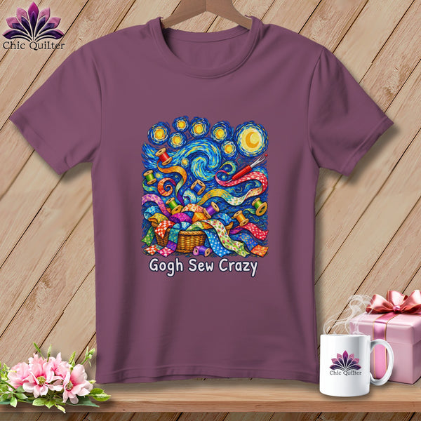 Purple t-shirt with "Gogh Sew Crazy" design featuring sewing supplies in Van Gogh style.