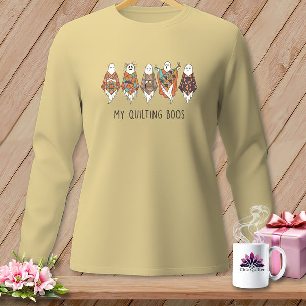 Light yellow long-sleeve shirt with "My Quilting Boos" and ghost graphic.