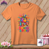 An orange crewneck t-shirt featuring a colorful bird in a basket and the text 