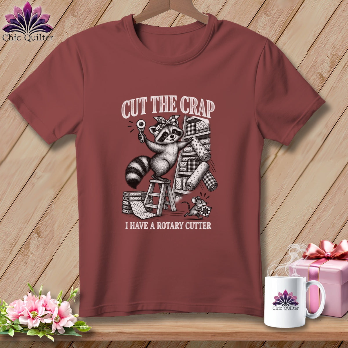 T-shirt with raccoon and mouse illustration and text "CUT THE CRAP I HAVE A ROTARY CUTTER."