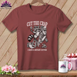 T-shirt with raccoon and mouse illustration and text 