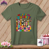 Olive green t-shirt with a graphic of cartoon farm animals behind a colorful quilt, featuring the text Did Somebody Say Quilt Show.