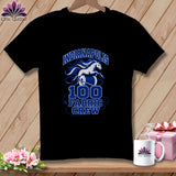 A black crewneck t-shirt with blue graphic text that reads Indianapolis 100 Fabric Crew with a running horse and spool of thread.