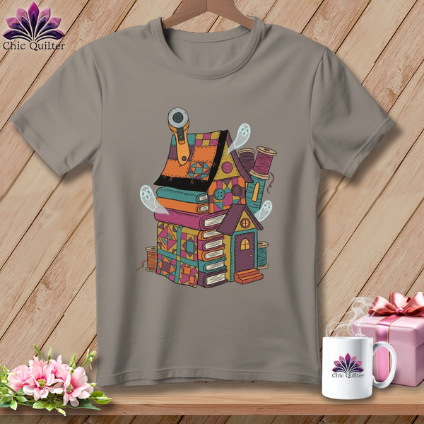 Quilting house illustration on t-shirt with ghosts, books, and sewing notions.