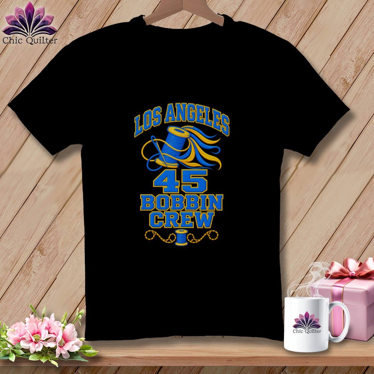 A black t-shirt features a blue and yellow graphic with text reading Los Angeles 45 Bobbin Crew.