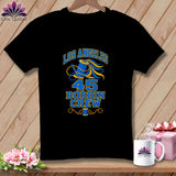 A black t-shirt features a blue and yellow graphic with text reading Los Angeles 45 Bobbin Crew.