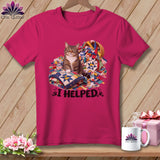 Pink t-shirt with a cat sitting on quilts and fabric scraps, saying 