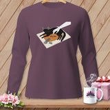 Long sleeve purple t-shirt with a black cat on a pumpkin labeled 