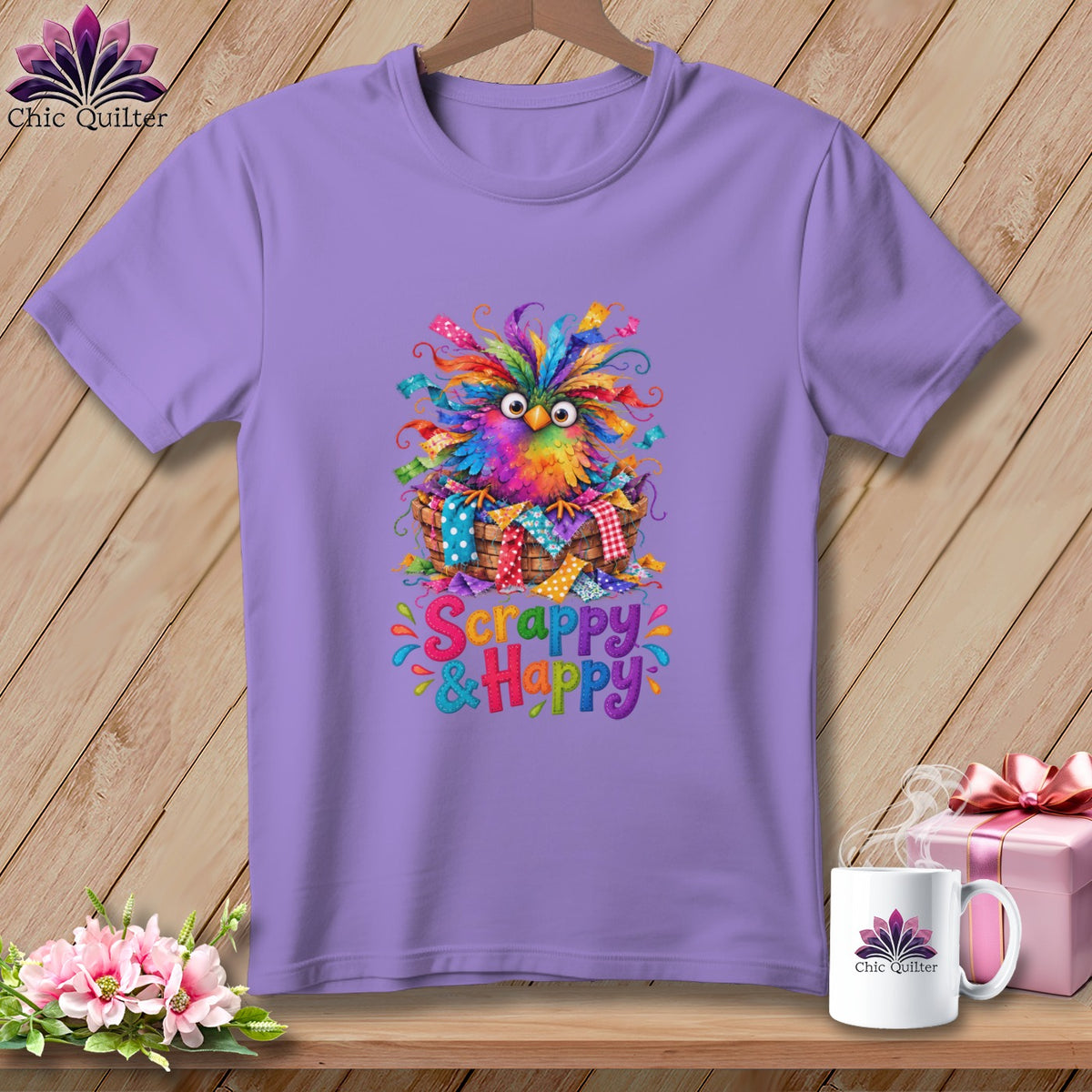 A purple t-shirt featuring a colorful owl in a basket with the text Scrappy & Happy.