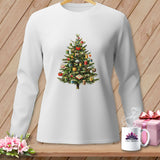 White long-sleeve shirt with a Christmas tree decorated with spools of thread.