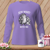 Purple long-sleeve shirt with a graphic of a hedgehog holding a quilt and the text SEW WHAT? BITE ME.