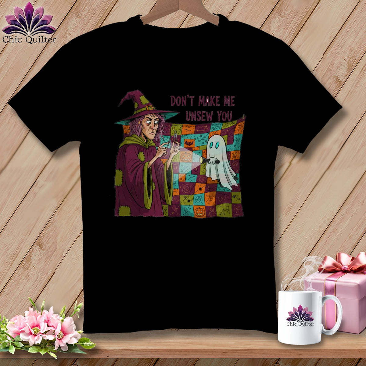 Black t-shirt with witch and ghost design reading "Don't make me unsew you".