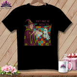 Black t-shirt with witch and ghost design reading 