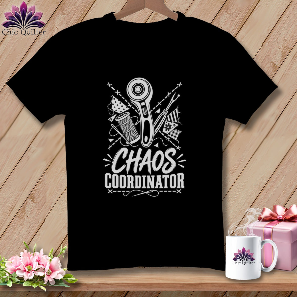 Black t-shirt with sewing graphics and text "CHAOS COORDINATOR".