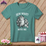 Teal t-shirt featuring a hedgehog holding a quilt and the text Sew What? Bite Me.