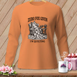 Orange long-sleeve shirt with fox at sewing machine, 