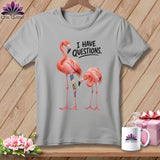 Grey t-shirt with two flamingos and text 