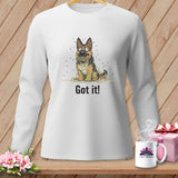 German Shepherd tangled in colorful yarn on white sweatshirt with 