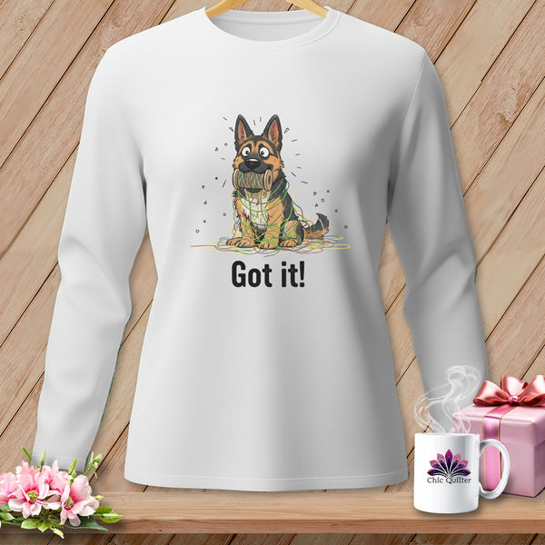 German Shepherd tangled in colorful yarn on white sweatshirt with "Got it!" text.