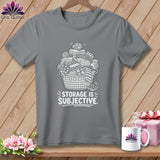 Gray t-shirt with white graphic of fabric in basket and text 
