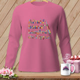 Pink long-sleeve shirt with colorful text 