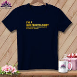 Navy t-shirt with yellow text: 