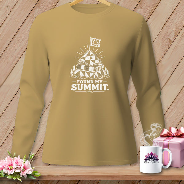 Long-sleeve shirt with "Found My Summit" graphic featuring a quilt on a mountain.