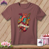 T-shirt with anatomical heart and dagger design that reads 