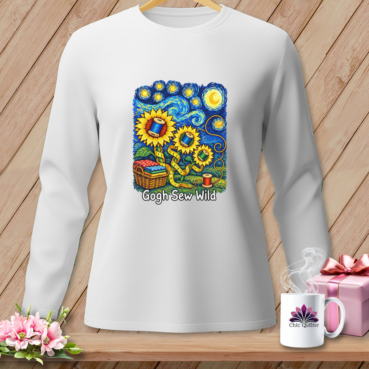 White sweatshirt with sunflowers, spools of thread, and basket of fabric, text "Gogh Sew Wild".