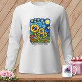 White sweatshirt with sunflowers, spools of thread, and basket of fabric, text 