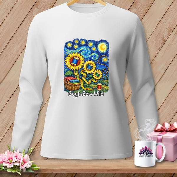 White sweatshirt with sunflowers, spools of thread, and basket of fabric, text "Gogh Sew Wild".