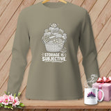 T-shirt with a white graphic of a basket overflowing with folded fabric and the text 