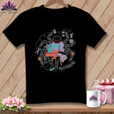 Black t-shirt graphic of a spider sewing, holding scissors, and drinking coffee.
