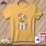 Mustard yellow t-shirt featuring a colorful, patterned terrier graphic with a spool tag on its collar.