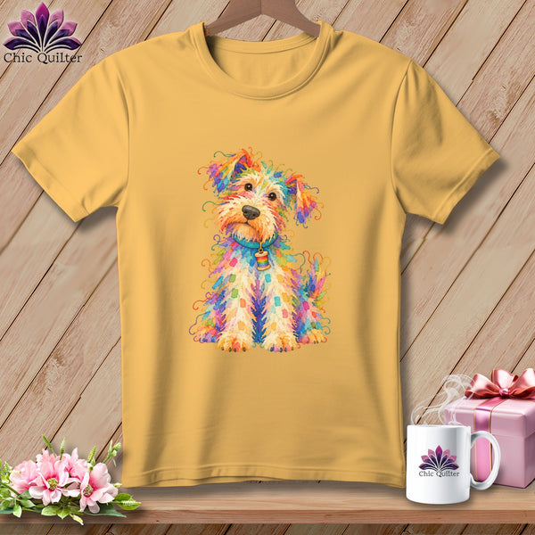 Mustard yellow t-shirt featuring a colorful, patterned terrier graphic with a spool tag on its collar.