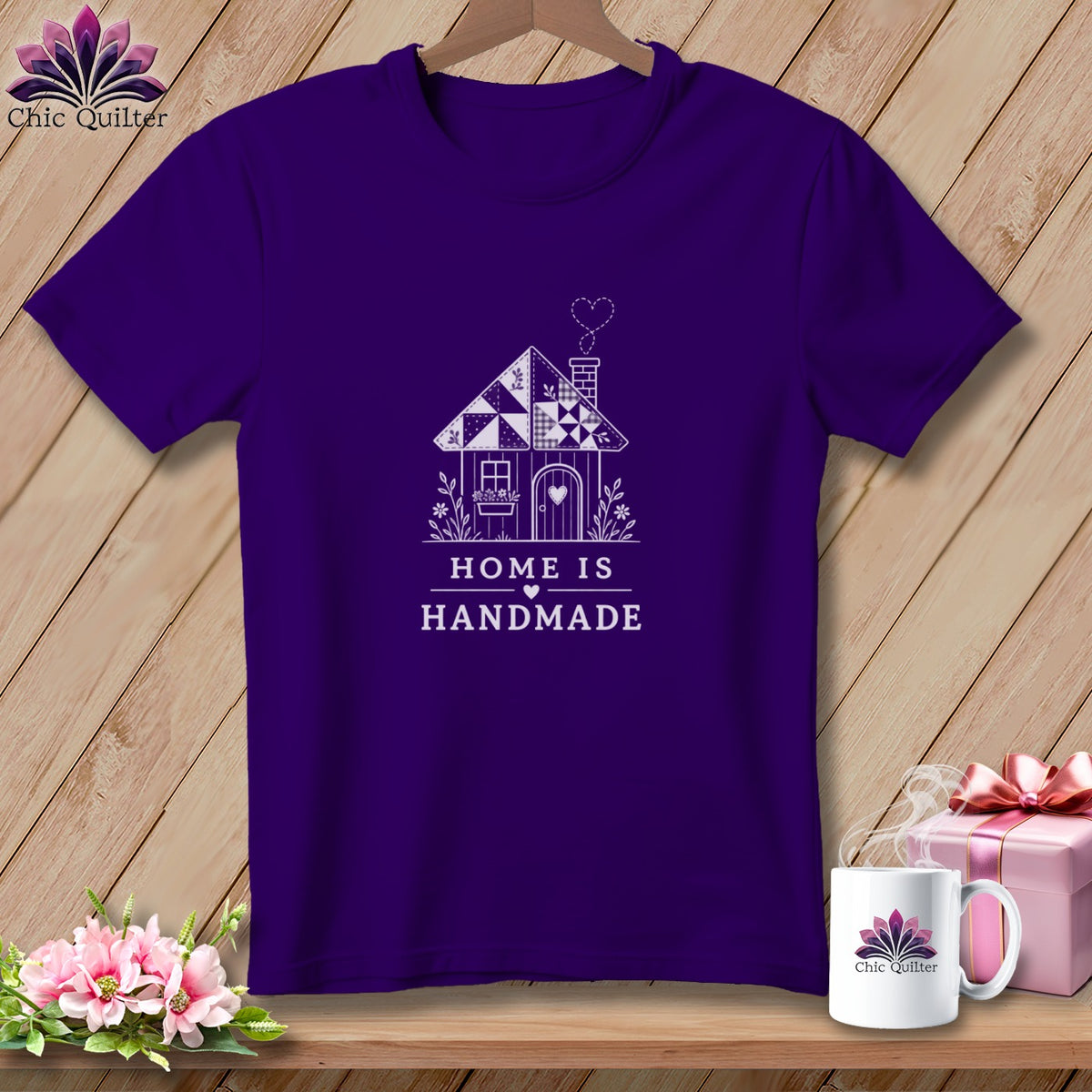 Purple t-shirt with "Home is Handmade" text and house graphic.
