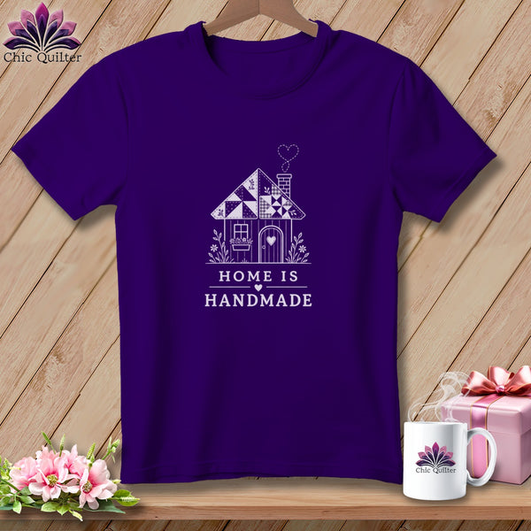 Purple t-shirt with "Home is Handmade" text and house graphic.